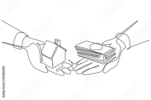 Continuous one line drawing buying house. Agent of real estate holding in hand house, key. Buyer, customer gives cash money. Deal sale and purchase of real, concept. Single line draw design vector