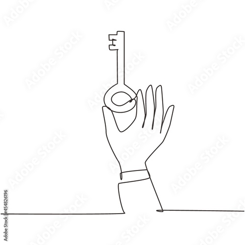 Continuous one line drawing hand holding vintage key. Key takeaways design. Hand with an old key. Retro style unlock icon. Classic engraving stylized drawing. Single line draw design vector graphic