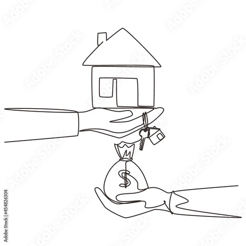 Single continuous line drawing buying-selling houses, refinance your houses, change assets capitalization. Buying a house. Sale and purchase concept. One line draw graphic design vector illustration