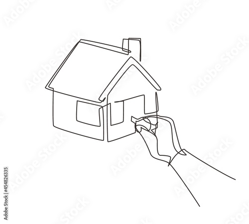 Single one line drawing insert key into keyhole house. Open the doors. Real Estate concept, template for sales, rental, advertising. Sign on home. Modern continuous line draw design graphic vector