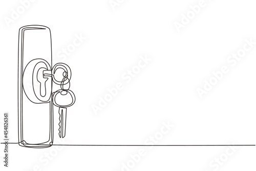 Single one line drawing keys stuck in lock in vintage style. Insert key into keyhole house. Open door. Real Estate concept, template for sales, rental, advertising. Continuous line draw drawing vector