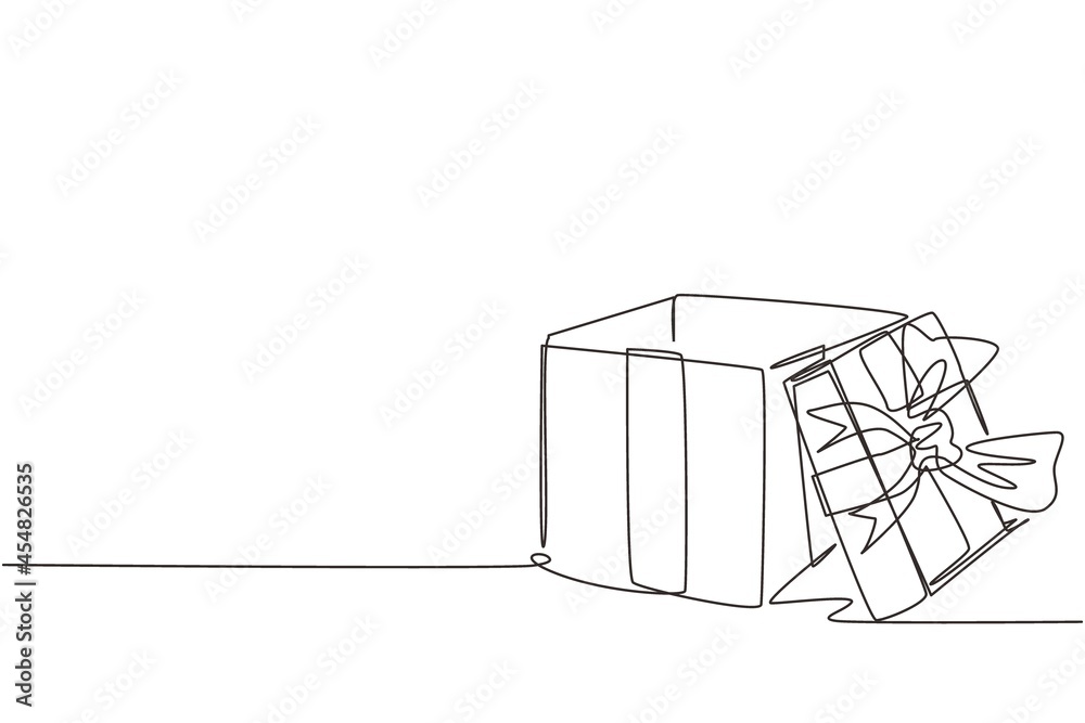Single one line drawing open white gift box with ribbon and bow. Template design for surprise, celebration event, presents, birthday. Modern continuous line draw design graphic vector illustration Single one line drawing open white gift box with ribbon and bow. Template design for surprise, celebration event, presents, birthday. Modern continuous line draw design graphic vector illustration