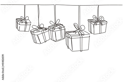 Continuous one line drawing template gifts box with party concept. Bday presents cardboard box or banner template with happy birthday typography. Single line draw design vector graphic illustration