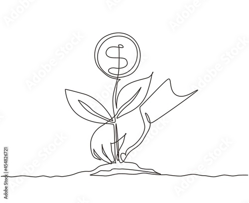 Continuous one line drawing young woman planting money tree in garden. money tree investment growth income interest savings economy funds market. Single line draw design vector graphic illustration