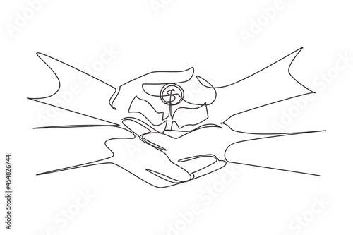 Single one line drawing two hands holding money tree together. Hand of businessman who pours money tree. Concept of earnings, success in work, money. Modern continuous line draw design graphic vector