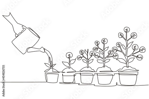 Continuous one line drawing hand with can watering money plant in pot. Step of coins stacks, money saving and investment or family planning concept. Single line draw design vector graphic illustration