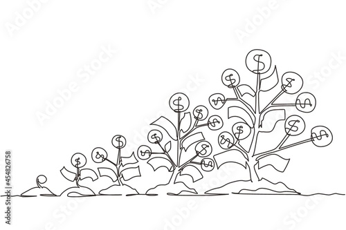 Single one line drawing sprouts, plants, money trees growing icon. Step of coins stacks, money, saving and investment or family planning. Modern continuous line draw design graphic vector illustration