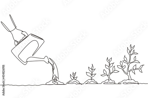 Single continuous line drawing hand with can watering plant at garden. Earth day save environment concept. Growing seedling forester planting. Dynamic one line draw graphic design vector illustration