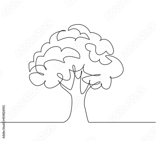 Continuous one line drawing green tree fertile on white background, trees for decorating gardens, park, forest. Agriculture. Earth day, ecology. Single line draw design vector graphic illustration photo