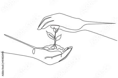 Single one line drawing new life in young hands on white background. Female hand holding tree on nature field grass Forest conservation concept. Continuous line draw design graphic vector illustration