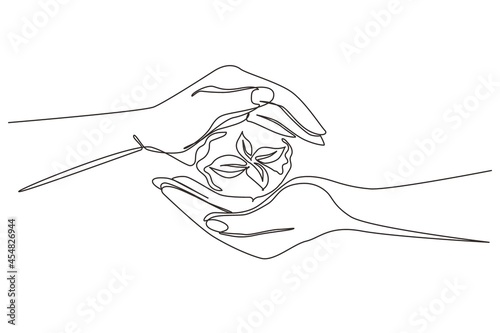 Single one line drawing ecology sapling tree growing up and planting on land. Hands kids team work protecting and reduce global warming earth, top view. Continuous line draw design graphic vector