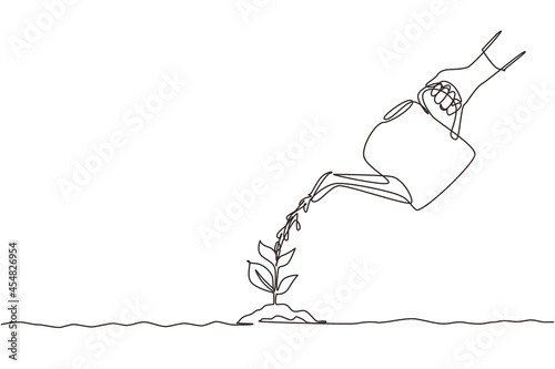 Single continuous line drawing hand holding watering can watering plant at ground. Earth day save environment concept. Growing seedling forester planting. Dynamic one line draw graphic design vector
