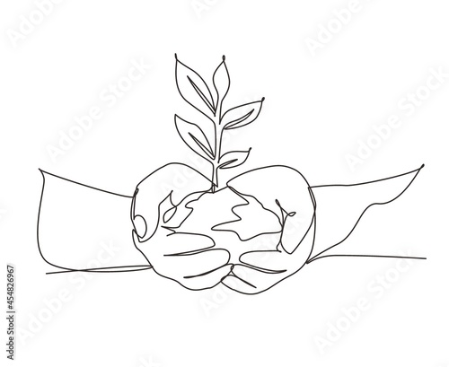 Single continuous line drawing hands holding plant in soil on white background. Environment earth day in the hands of trees growing seedlings. Dynamic one line draw graphic design vector illustration