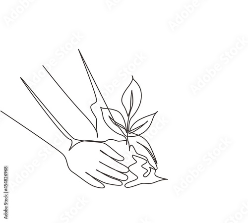 Single one line drawing planting young tree by kid hand on back soil as care and save world concept. Growing seedling forester planting. Modern continuous line draw design graphic vector illustration