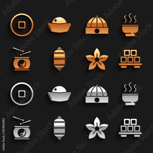 Set Chinese paper lantern, tea ceremony, Sushi cutting board, Lotus flower, drum, hat, Yuan currency and icon. Vector