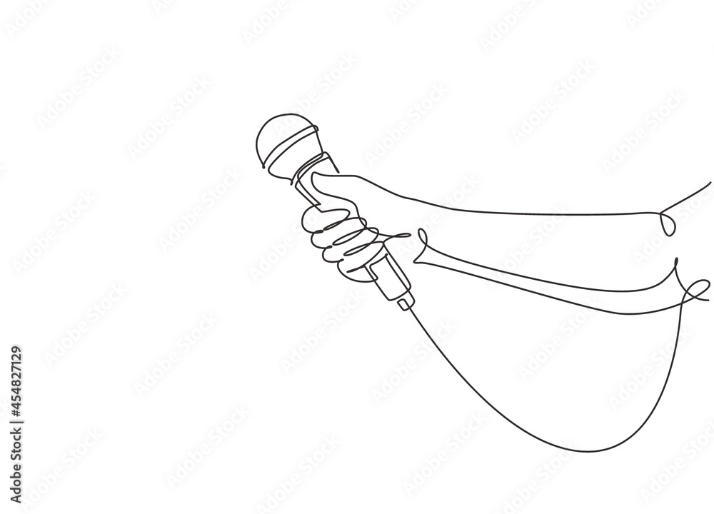 Single continuous line drawing female hand with microphone, on white background. Reporter television tv news holding microphone in her hand. Dynamic one line draw graphic design vector illustration - obrazy, fototapety, plakaty 