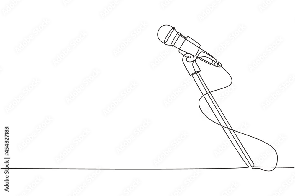Single one line drawing stand with microphone on white background. Singer sing with standing mic at music concert summer festival. Modern continuous line draw design graphic vector illustration Stock-vektor | Adobe