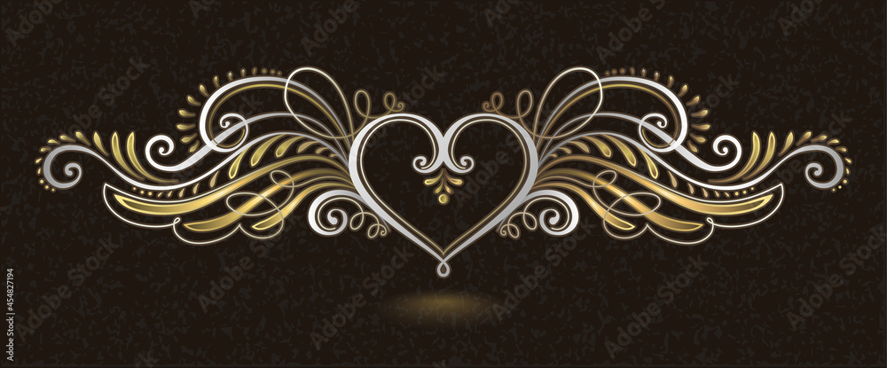 Stylized Heart with Wings. Vector Illustration of Golden and Silver Colors.