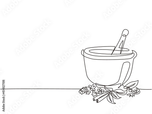 Single continuous line drawing mortar and pestle vintage line drawing. Ayurvedic medicine bowl. Herbal medicine concept. Isolated. Flat style. Dynamic one line draw graphic design vector illustration