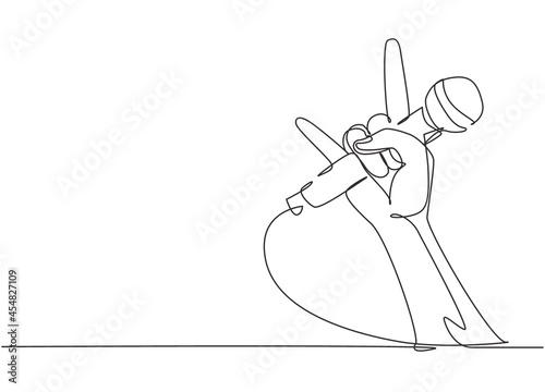 Single continuous line drawing rock hand gesture holding microphone with live rock caption. Rock and roll music live concert or party poster or flyer concept. One line draw graphic design vector
