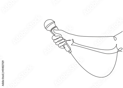 Single continuous line drawing female hand with microphone, on white background. Reporter television tv news holding microphone in her hand. Dynamic one line draw graphic design vector illustration photo