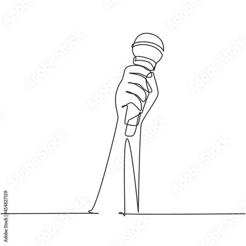 Continuous one line drawing female hand holding microphone isolated on white background, clipping path. Karaoke people sings the song to microphone. Single line draw design vector graphic illustration