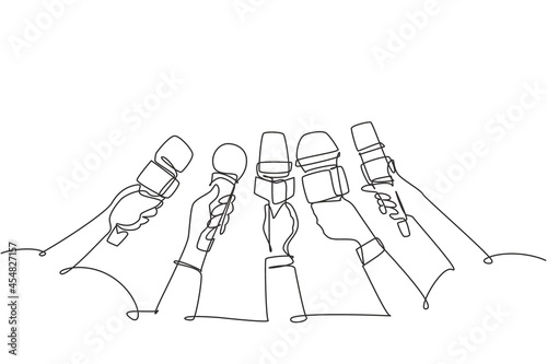 Single one line drawing interview concept with microphones on white background. Newsmakers and interviewers. Different tv signs. Hands holding devices. Continuous line draw design graphic vector