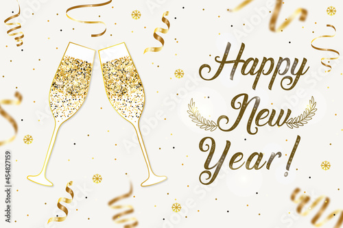 Banner for the new year. Glasses with champagne, sparkles, confetti, snowflakes and the inscription Happy New Year