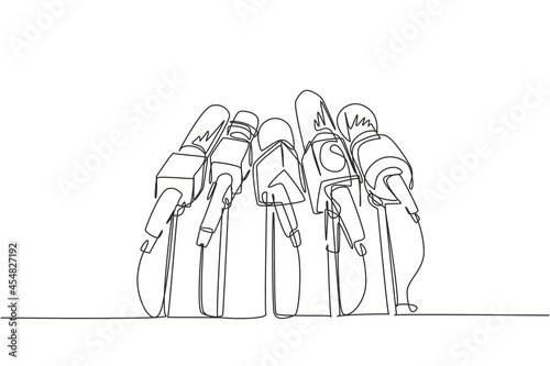 Single continuous line drawing live news template with microphone. Journalist journalism concept. Newsmakers and interviewers. Different tv signs. One line draw graphic design vector illustration photo
