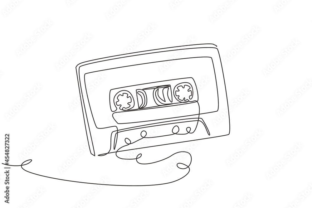 Single continuous line drawing retro compact tape cassette. Vintage