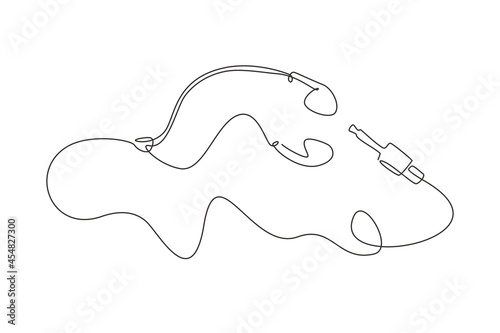 Single one line drawing white music earphones with connector. Earphones hand drawn outline sketch. Black mini headphones icon logo. Modern continuous line draw design graphic vector illustration