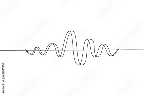 Single continuous line drawing black sound waves. Music audio frequency, voice line waveform, electronic radio signal, volume level symbol. Vector curve radio waves. One line draw graphic design