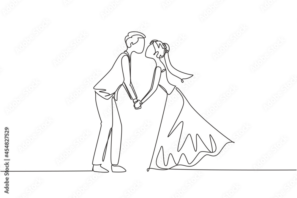 Continuous one line drawing romantic married female in love kissing on lap  male wearing wedding dress. Man carrying a woman in wedding celebration.  Single line draw design vector graphic illustration 8721494 Vector