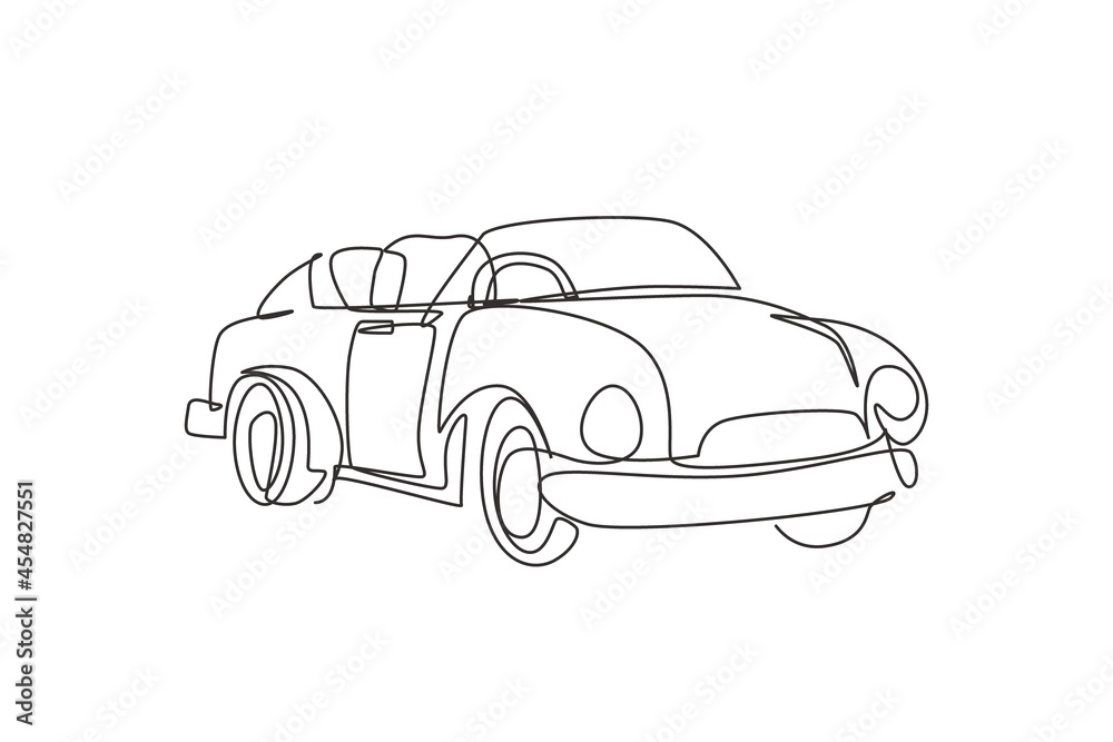Single continuous line drawing classic retro convertible sports car. Collectors business comfortable cabrio automobile supercar. Vintage motor vehicle. One line draw graphic design vector illustration