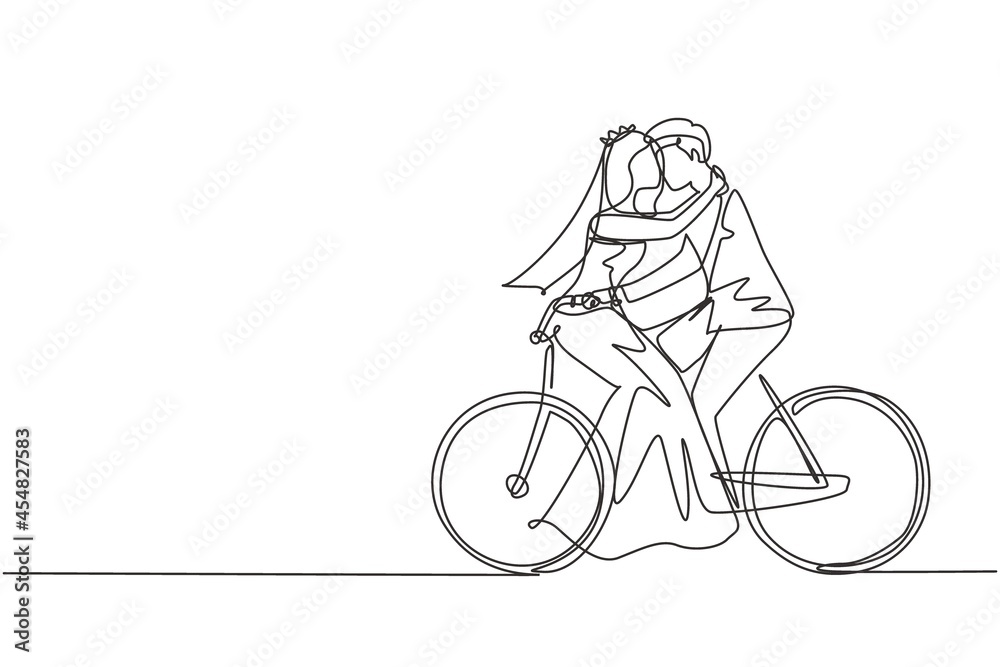 Fototapeta premium Single one line drawing active married couple riding on bike together. Happy cute enamored man and woman cyclist hugging feeling love wearing wedding dress. Continuous line draw design graphic vector