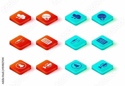 Set Speaker volume, Microphone, Audio jack, Sound mixer controller, Vinyl disk and Music streaming service icon. Vector