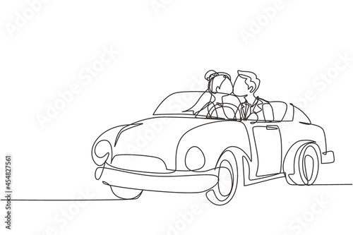 Single continuous line drawing romantic married couple riding car going on road trip. Man and woman driving in cabriolet car with wedding dress for honeymoon trip. One line draw graphic design vector