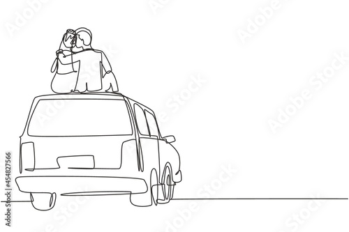 Single one line drawing back view married lovers sitting on roof of car and look at romantic scenery. Happy man and woman celebrating wedding anniversary. Continuous line draw design graphic vector