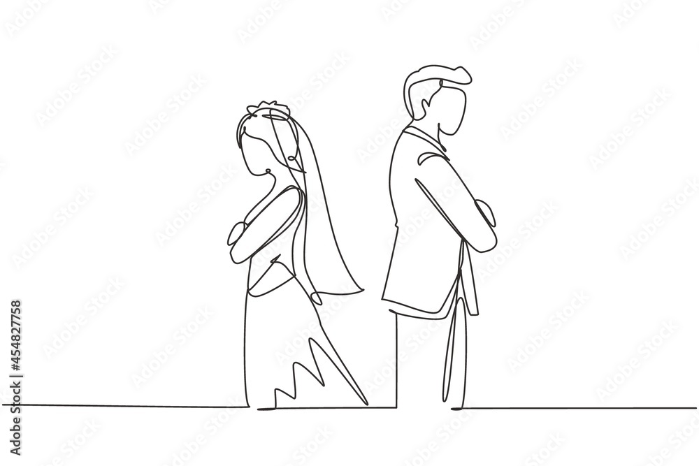 Single continuous line drawing divorced married couple are angry. Relationship break up, broken heart, couple facing opposite direction with wedding dress. One line draw design vector illustration