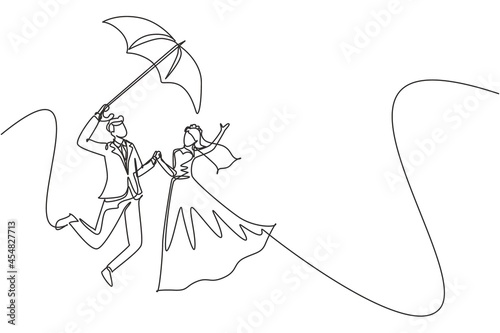 Continuous one line drawing cute couple in love walking under rain with umbrella and jumping. Man and woman wearing wedding dress. Married couple romantic relationship. Single line draw design vector
