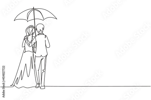 Continuous one line drawing back view married couple in rain. Couple in love walking under rain with umbrella. Cute man and woman are walking with wedding dress. Single line draw design vector graphic