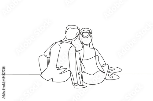 Continuous one line drawing back view happy married couple in love sit holding hands wearing wedding party. Cute man and woman enjoying romantic nature together. Single line draw design vector graphic