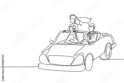 Single continuous line drawing happy married couple riding car going on road trip. Man and woman with wedding dress driving in cabriolet car going to wedding party. One line draw graphic design vector