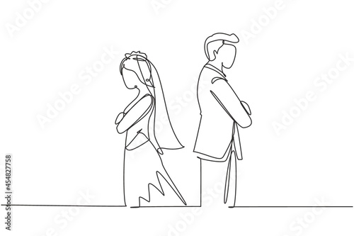 Single continuous line drawing divorced married couple are angry. Relationship break up, broken heart, couple facing opposite direction with wedding dress. One line draw design vector illustration