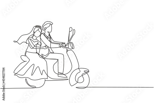 Single continuous line drawing married couple riding motorcycle. Man driving scooter and woman are passenger while hugging wearing wedding dress. Driving safely. One line draw graphic design vector
