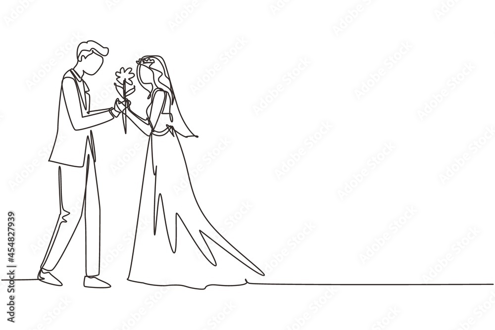 Continuous one line drawing adorable married couple in love on romantic date. Smiling boy giving rose flower to girl. Young man and woman wearing wedding dress. Single line draw design vector graphic