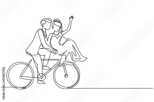 Continuous one line drawing romantic married couple riding bicycle. Man and woman in love with wedding dress. Happy married couple cycling together. Single line draw design vector graphic illustration