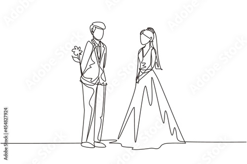 Single continuous line drawing romantic man holding flowers behind his back and standing in front of woman. Happy boy giving rose flower to girl and wearing wedding dress. One line draw graphic vector