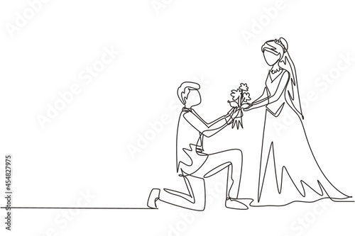 Single continuous line drawing man on knee give bouquet to woman wearing wedding dress. Boy in love giving flowers. Happy couple getting ready for wedding party. One line draw graphic design vector