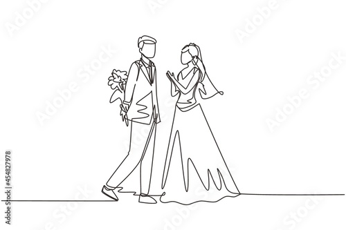 Single one line drawing man gives flowers to woman. Young man giving to woman bouquet of flowers in wedding day. Happy romantic couple in love. Continuous line draw design graphic vector illustration